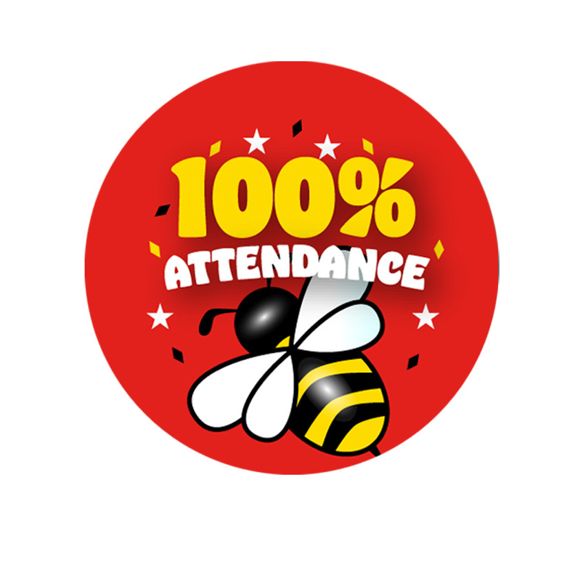 Teacher Stickers | 100% Attendance Bright Bee School Stickers. Free Delivery