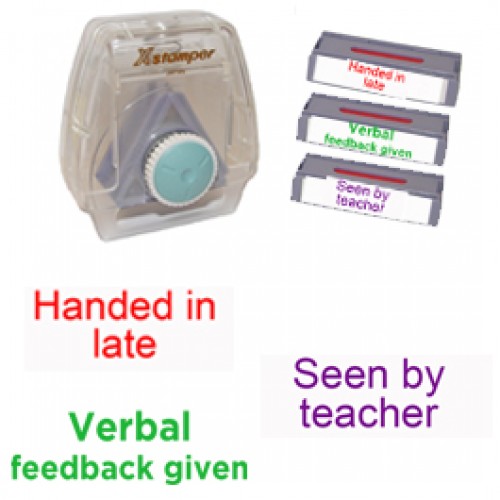 Xstamper3-in-1 Pre-filled set: Handed in late, Seen by teacher, Verbal feedback given - teacher marking stamps.