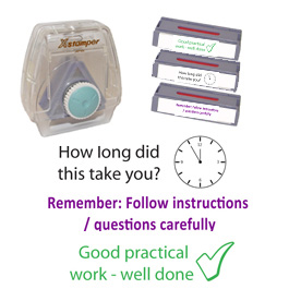 Xstamper3-in-1 Pre-filled set: How long did this take, Remember take care..., Good practical work - teacher marking stamps.