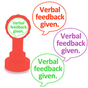 Teacher marking stamp - Verbal feedback given marking stamp in red, green AND purple! width=